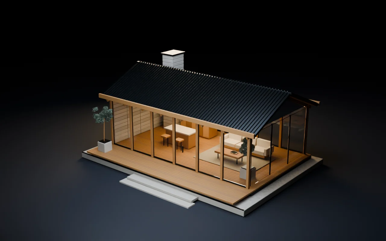 A timber and glass house on a stone terrace