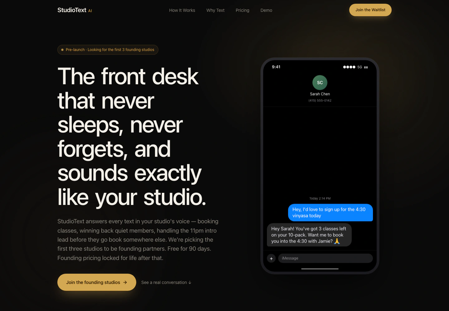 StudioText website with its AI front desk introduction and sample text conversation